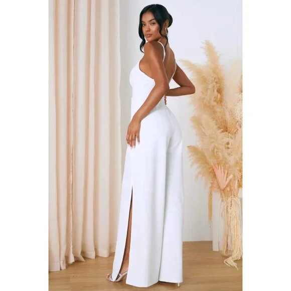Lulus Instinctively Iconic Twist-Front Flyaway Wide Leg Jumpsuit Bridal Romper - Picture 2 of 5